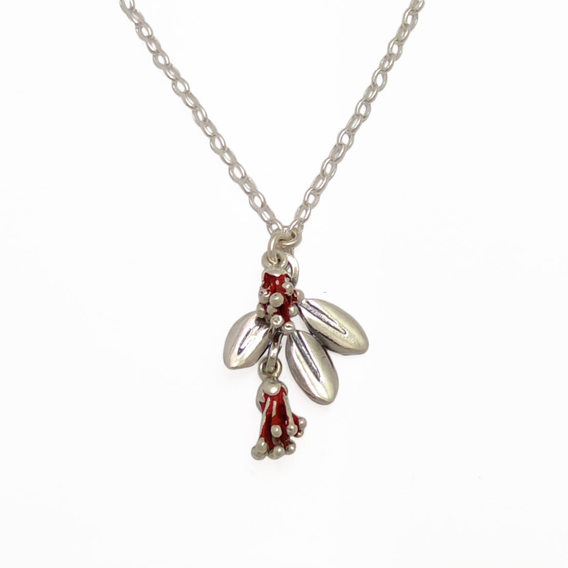 Pohutukawa Blossom and leaf  Sterling Silver Necklace by Martyn Milligan Rinopai Golden Bay