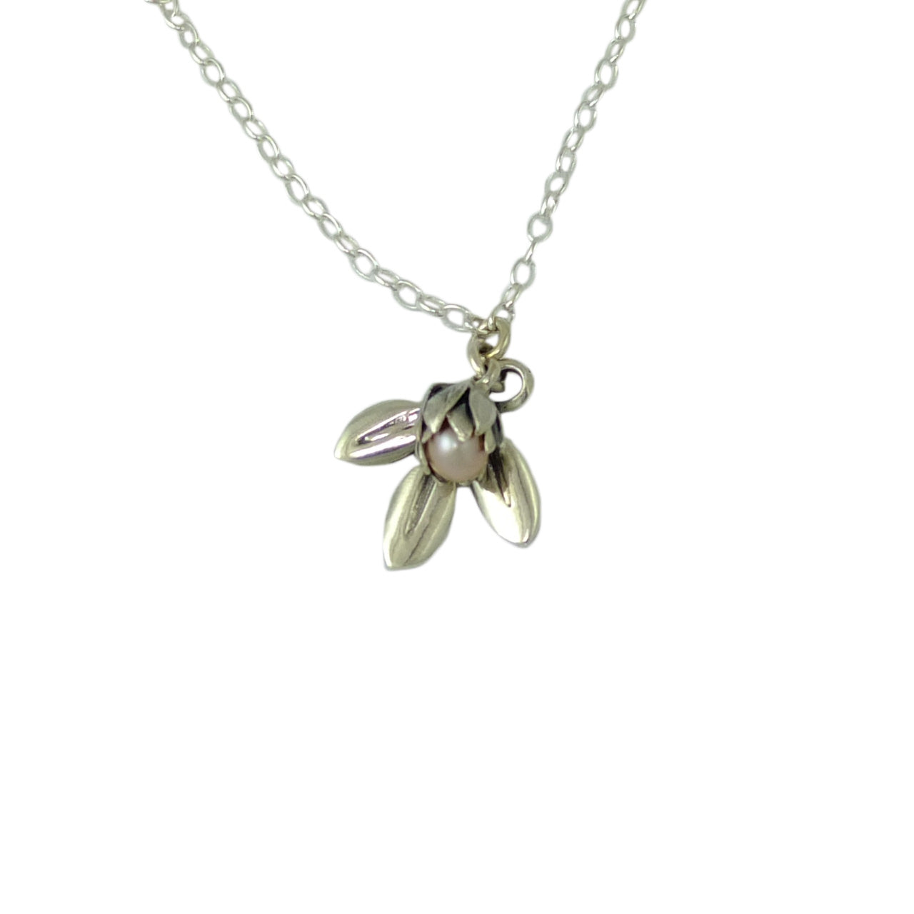 Silver Pearl Bud and Leaf Necklace