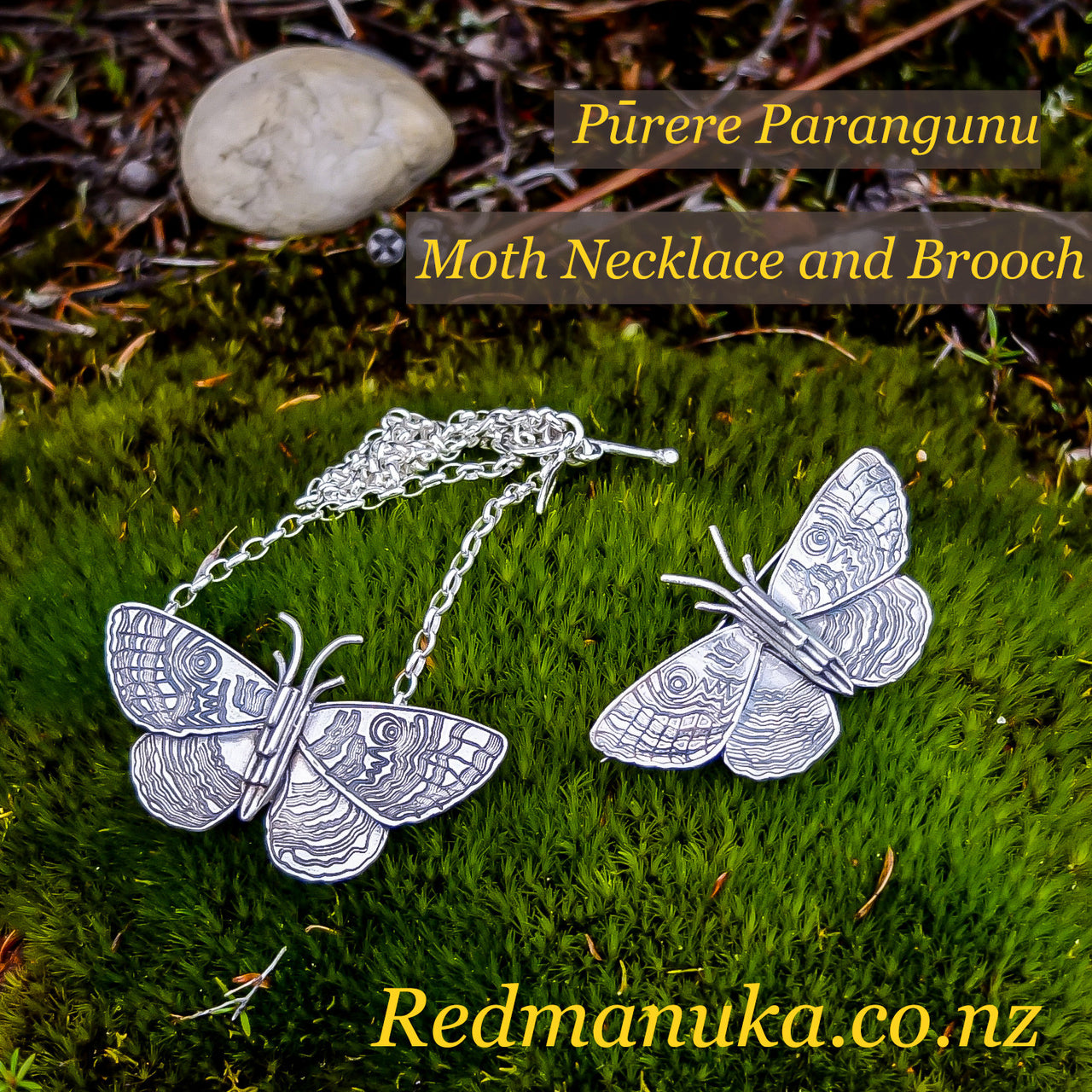 Jewellery nz | Purere Parangunu Peacock Moth Silver Necklace and Brooch on Moss background