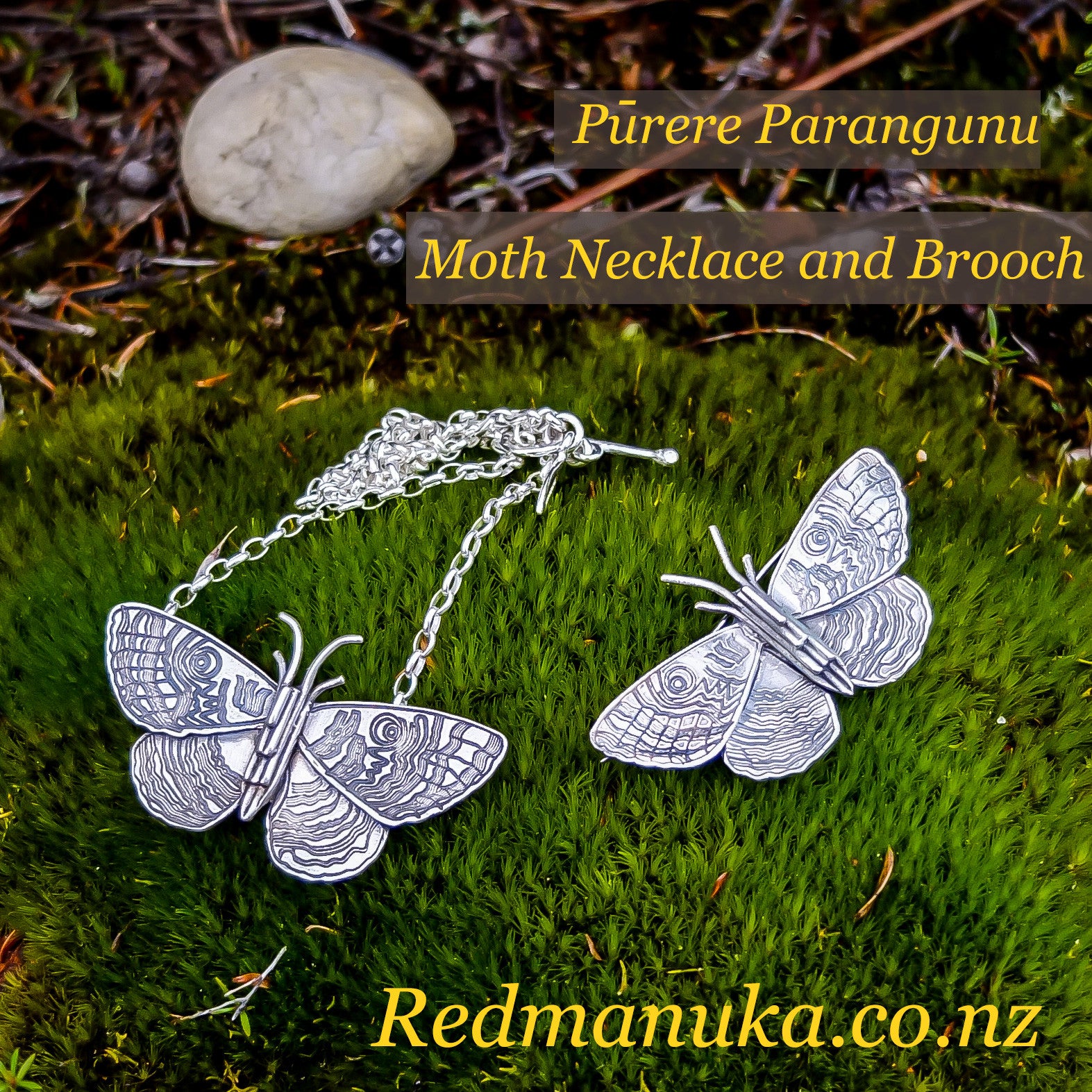 Jewellery nz | Purere Parangunu Peacock Moth Silver Brooch and Necklace on Moss Background