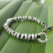 Rinopai handmade silver bead bracelet on black woven thread