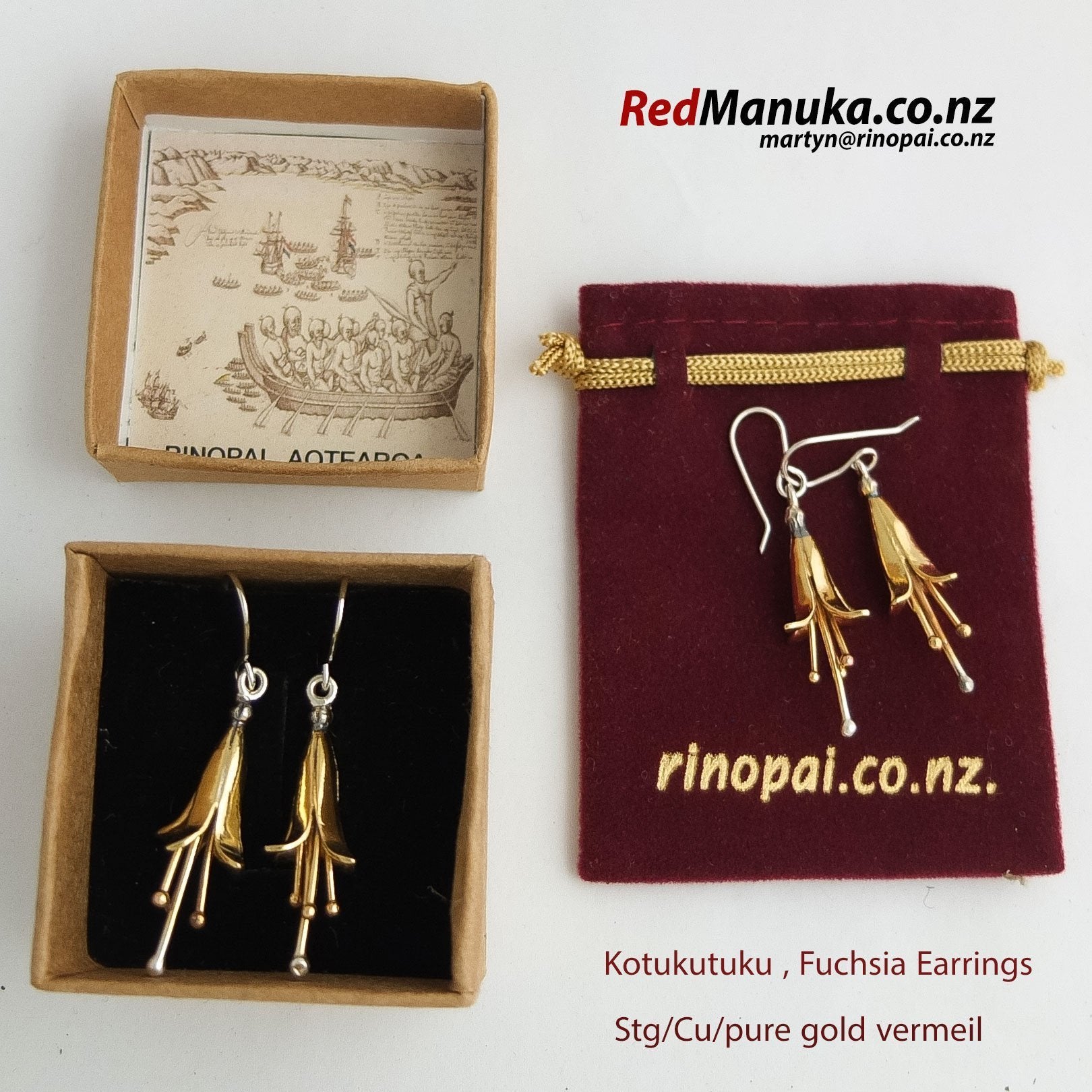 kotukutuku Fuchsia sterling Silver earrings Gift boxed by martyn milligan rinopai golden bay
