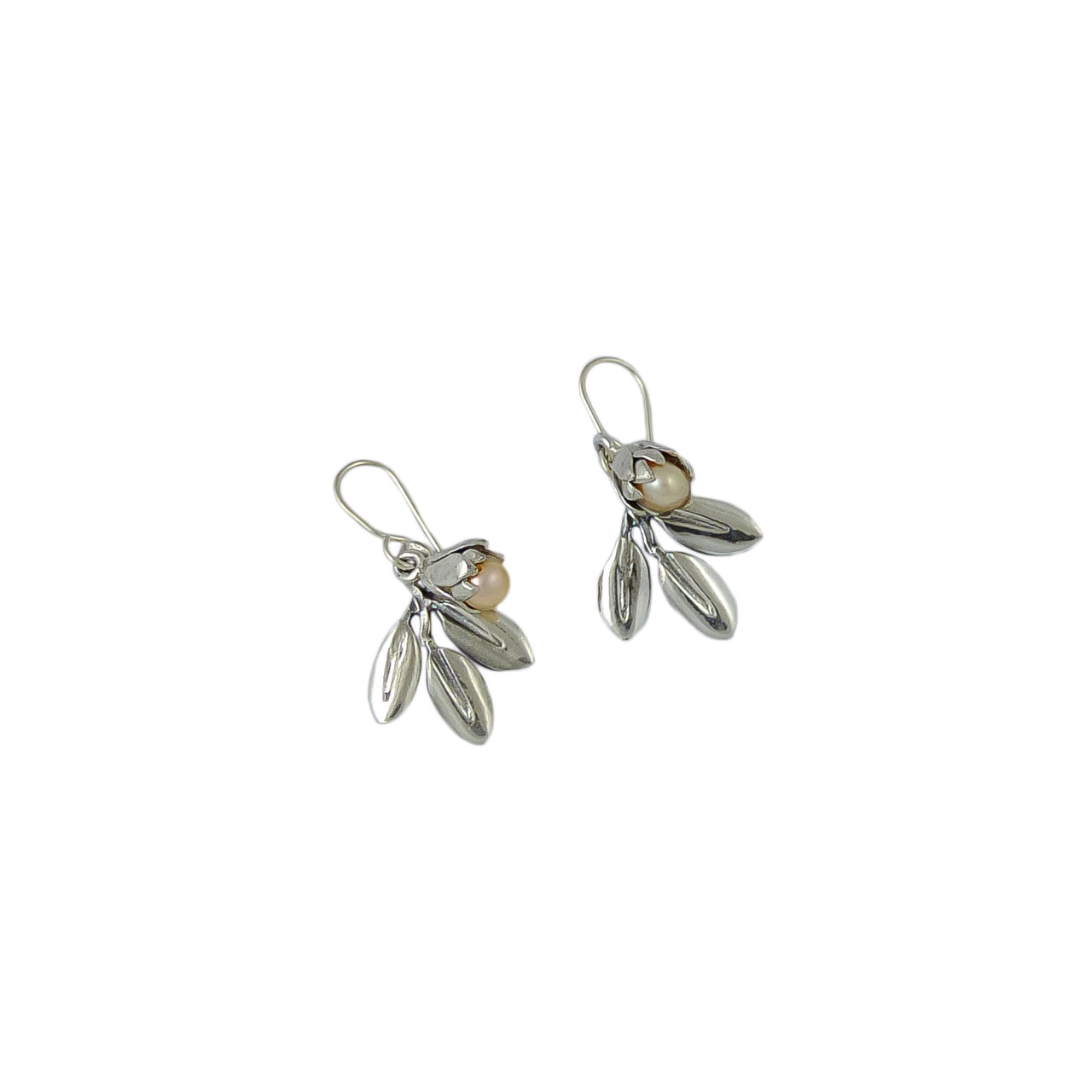 Silver Pearl Bud and Silver Leaf Earrings