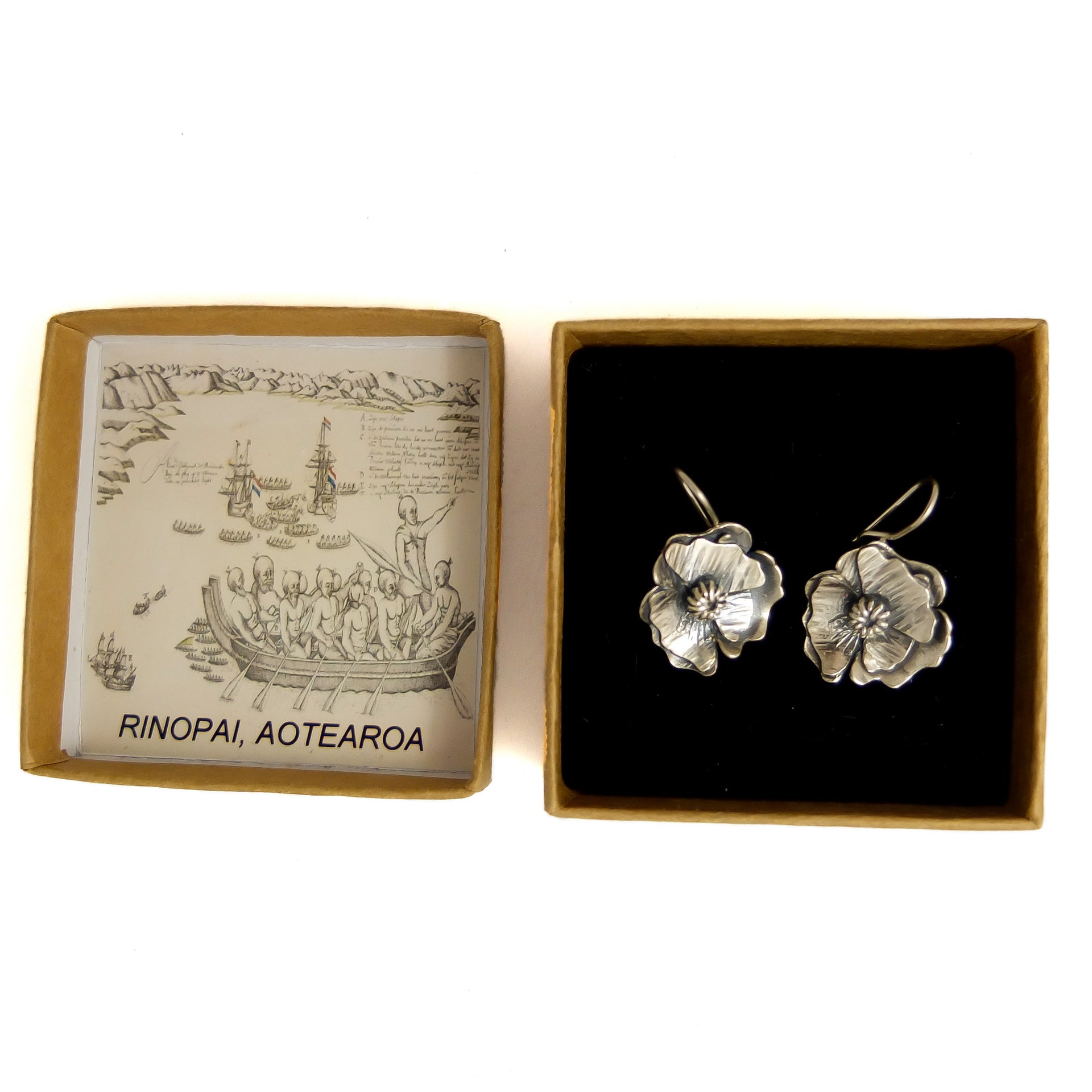 Poppy Flower Earrings | nz jewellery | Redmanuka, silver earrings in box