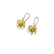 <img src="silver-gold-snow-lily-earrings.jpg" alt="A pair of silver and gold snow lily earrings with a peridot gem centre on a white background">