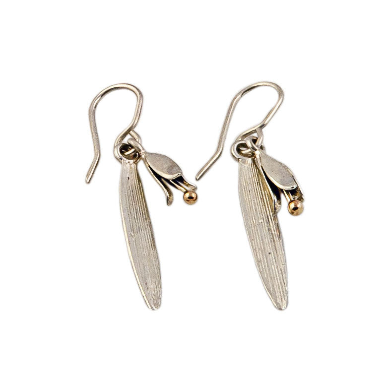 Tui's Nectar Silver and Gold Flower  Earrings original nz design by martyn milligan rinopai parapara golden bay nelson