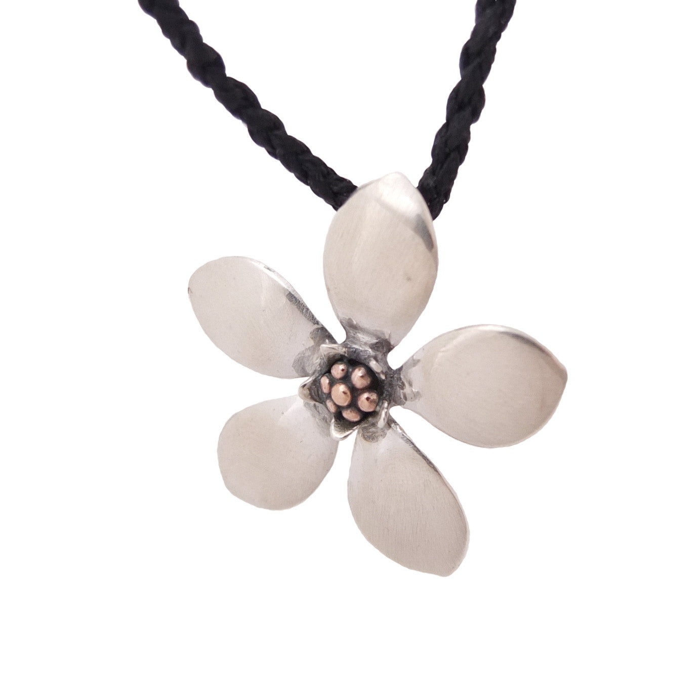 Mānuka Flower Necklace on black chord | Jewellery nz | Redmanuka