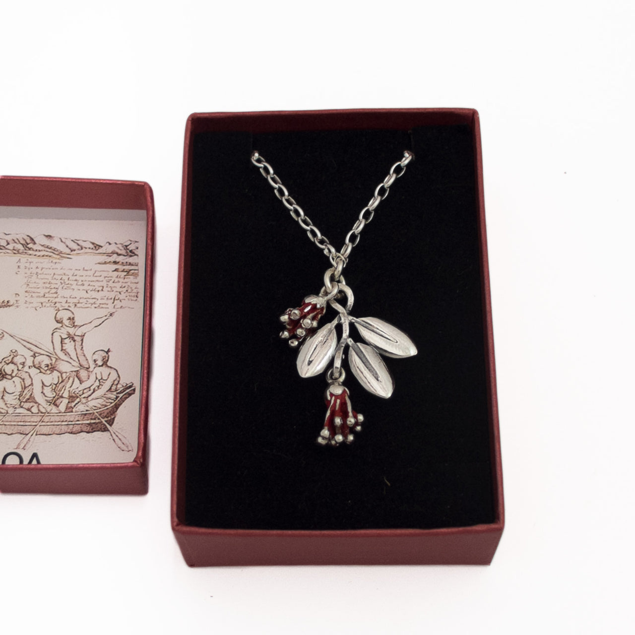 Pohutukawa Blossom and leaf  Sterling Silver Necklace in box by Martyn Milligan Rinopai Golden Bay
