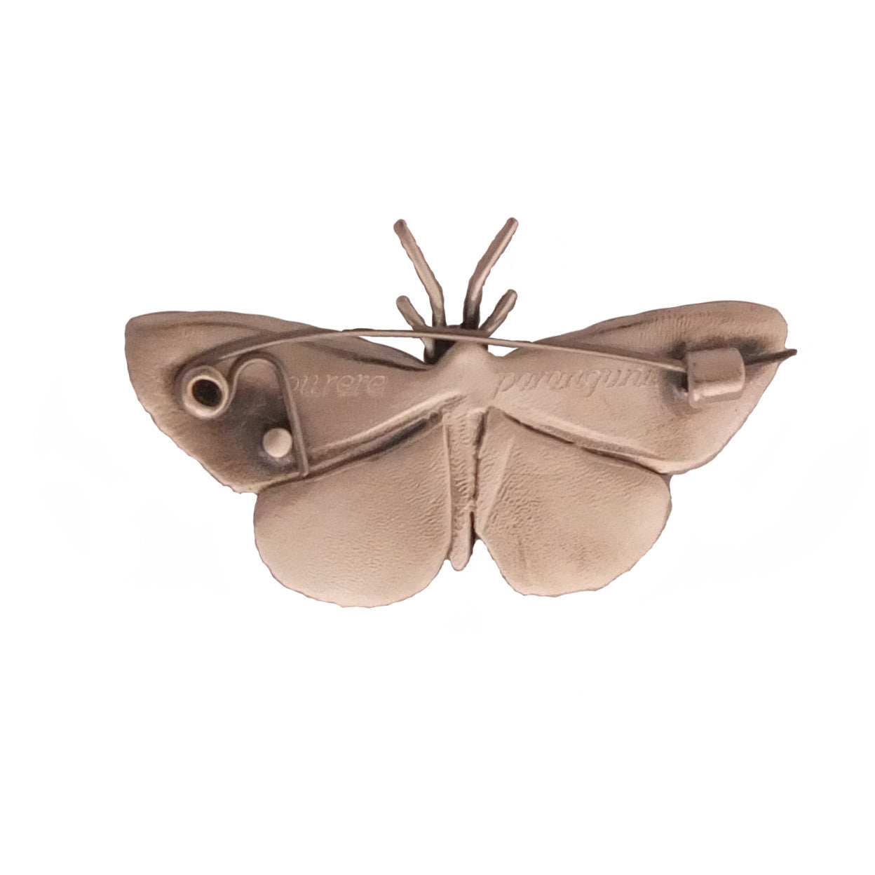 Jewellery nz | Purere Parangunu Peacock Moth Silver Brooch shows catch on reverse