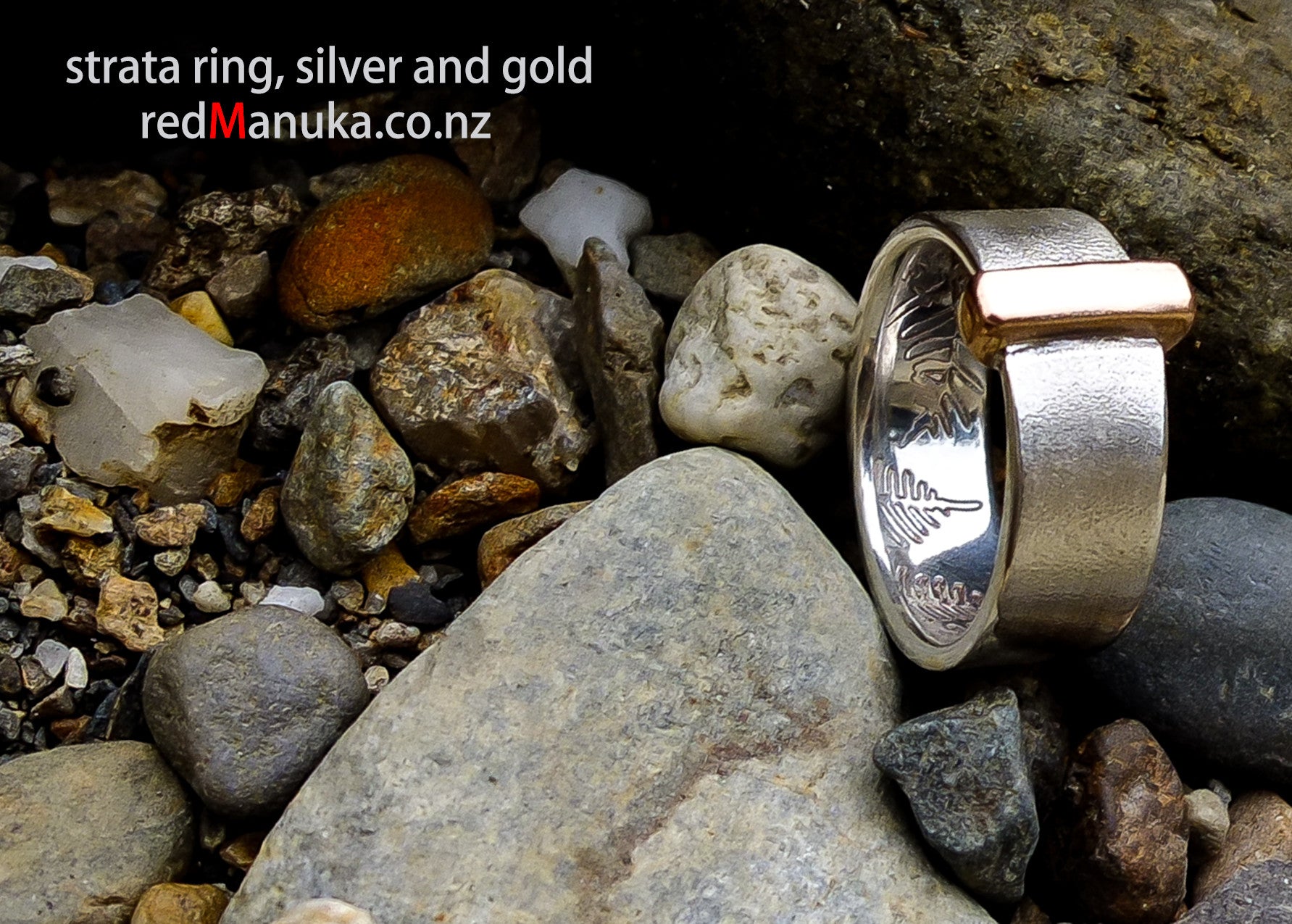 Strata Silver and Red Gold Ring shown on Riverbank| Redmanuka Jewellery nz