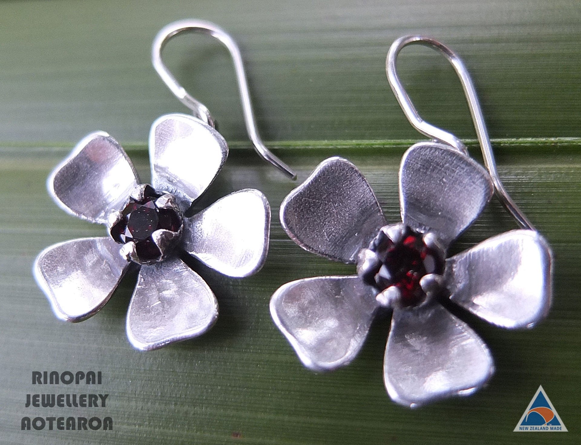 Red Mānuka Sterling Silver Flower Earrings by Martyn Milligan Rinopai Golden Bay