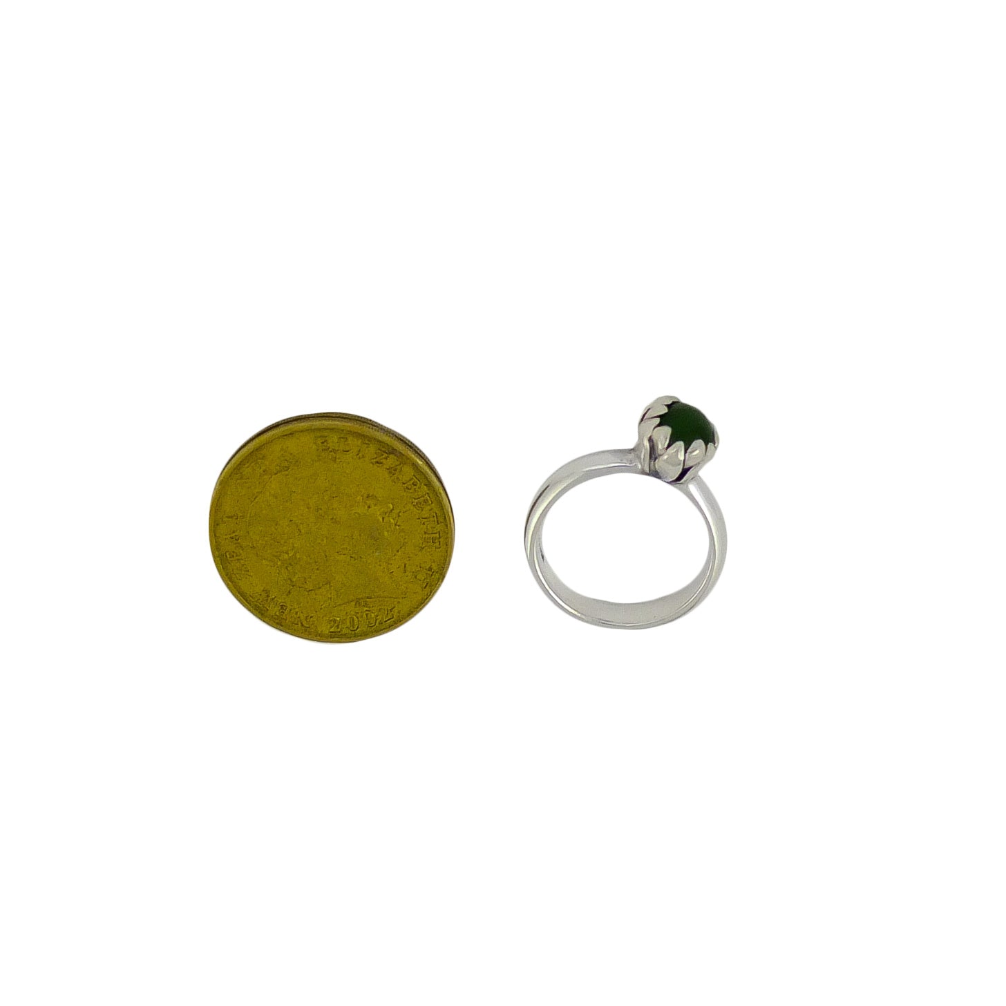 Pounamu Blossom Silver Ring | Redmanuka | nz jewellery top view with 2 dollar coin