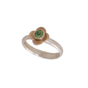 Sterling Silver and 9ct Gold Quatrefoil shaped flower setting Ring with tsavorite by Martyn Milligan Rinopai Golden Bay