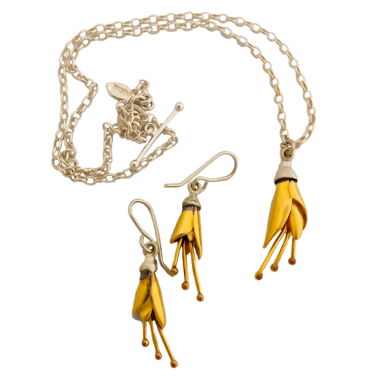 Kowhai Necklace and Earrings, Silver flowers dipped in Yellow Gold by nz jewellery designer Martyn Milligan 