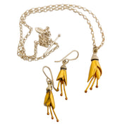 Kowhai Necklace and Earrings, Silver flowers dipped in Yellow Gold by nz jewellery designer Martyn Milligan 