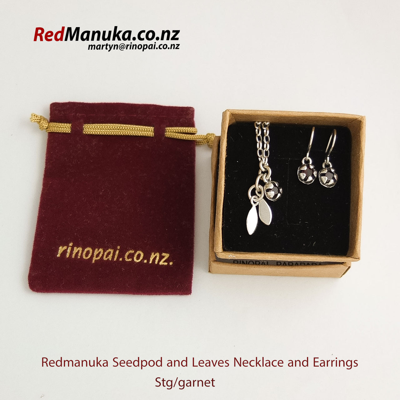 Red Mānuka Seedpod and Leaves Silver necklace and Earrings Gift packed  by NZ designer Martyn Milligan, Rinopai, Parapara, Golden Bay.